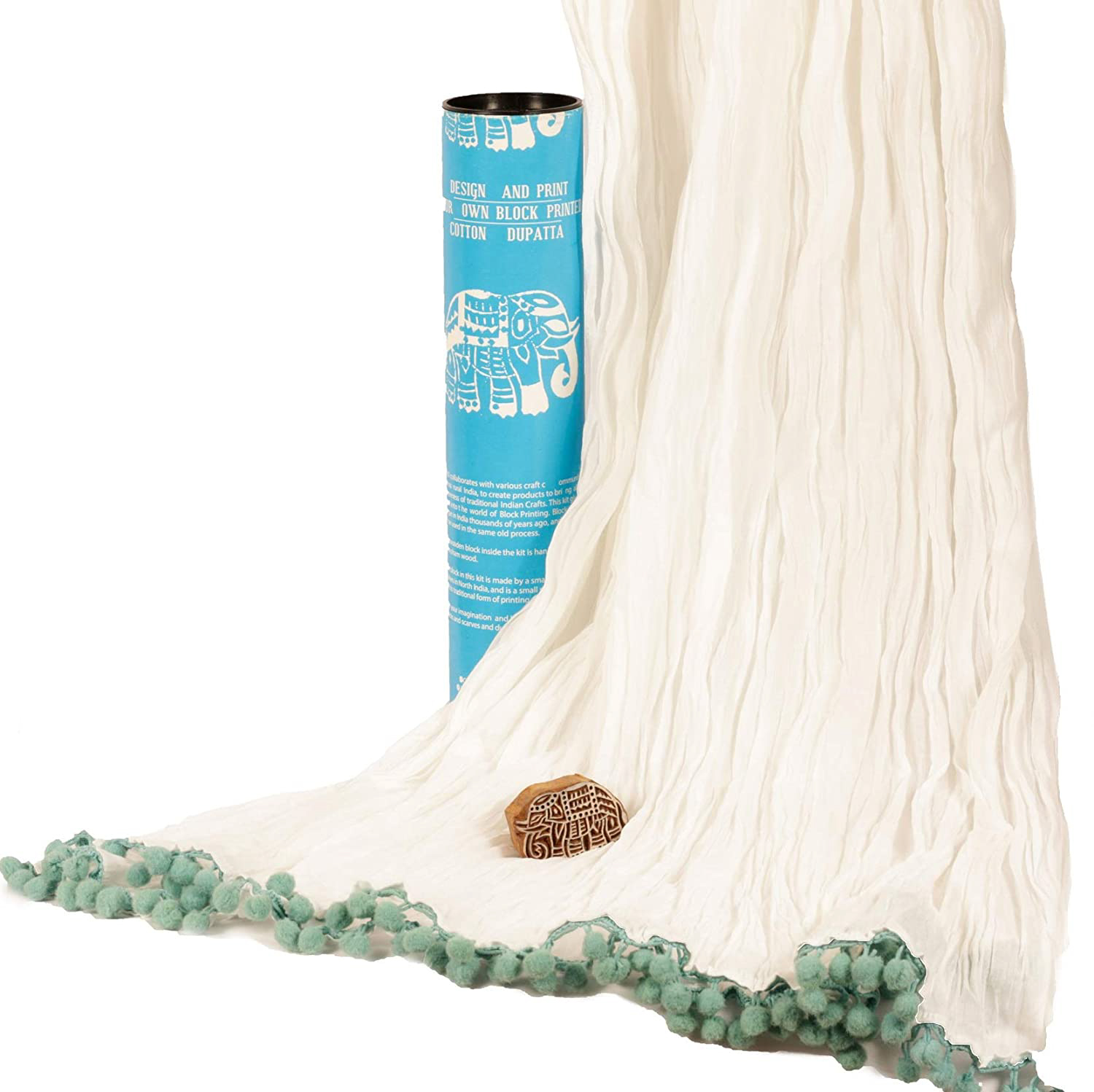 POTLI DIY Craft Kit (for All Ages) Block Print Your Own Dupatta - Elephant Design (Blue)